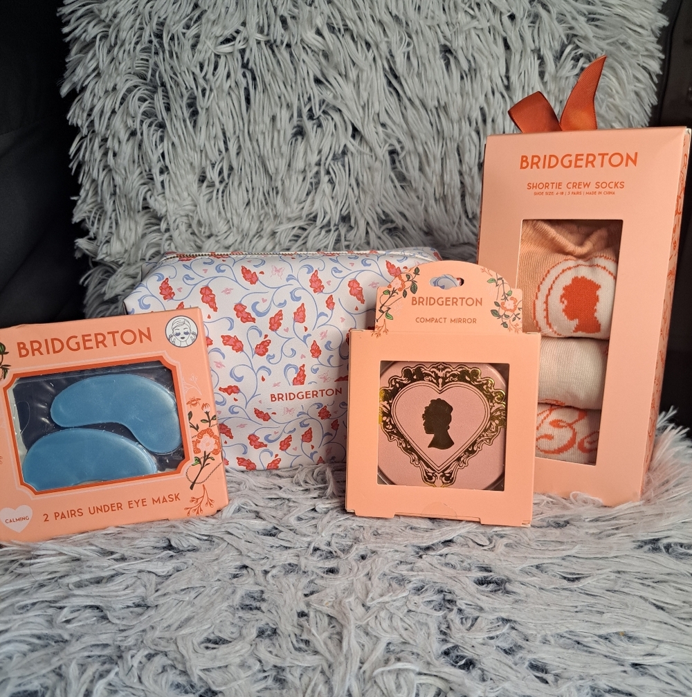 Bridgerton Cosmetic Bag, Compact Mirror, 3pk Socks, 2 Under eye masks Bundle NEW